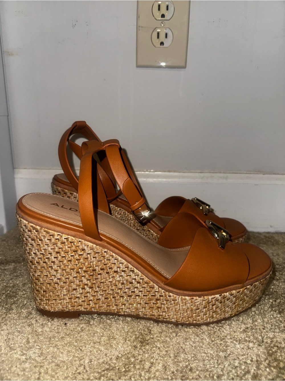 ALDO Cognac Leather Wedge Sandals with Raffia-Style Platform